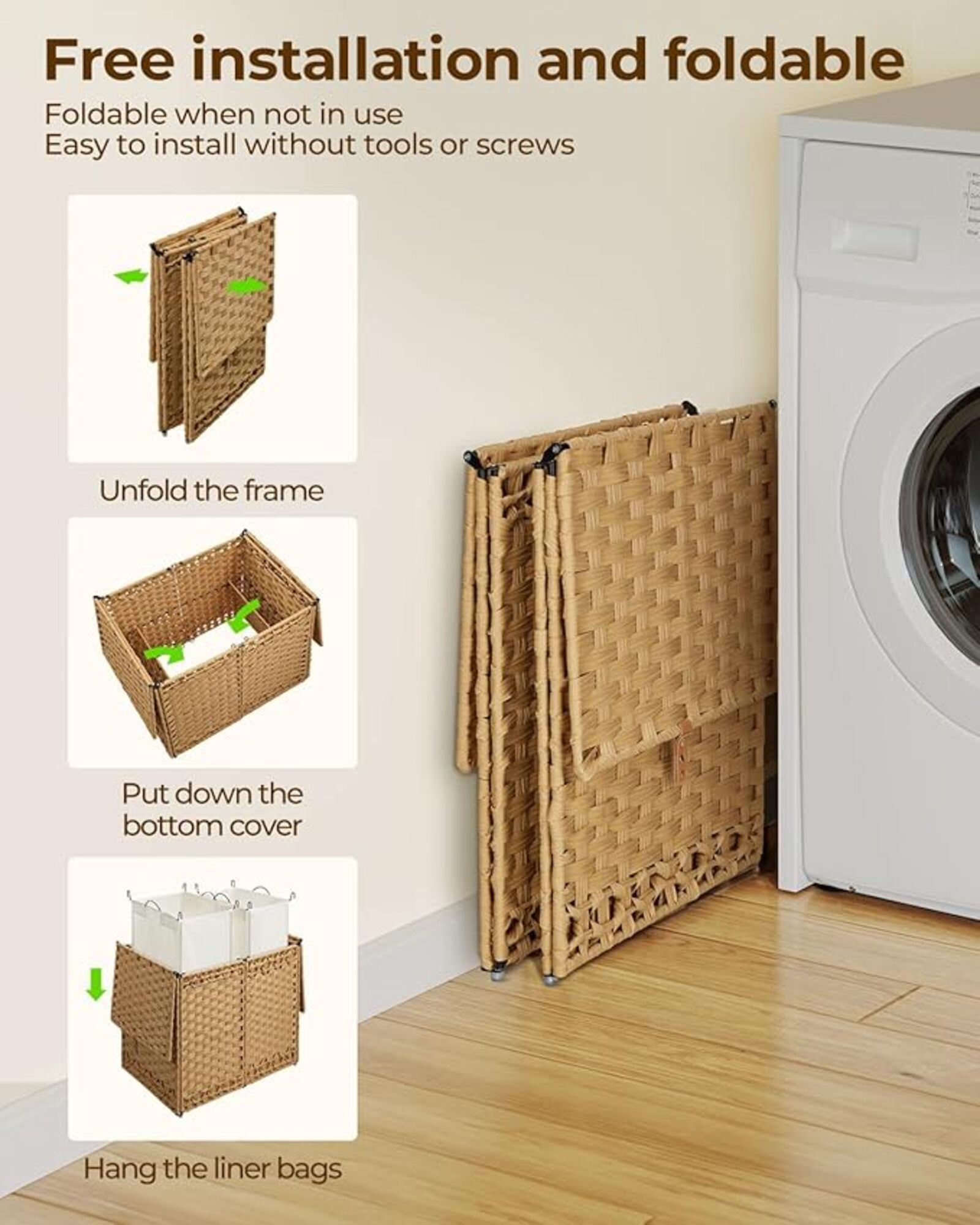 Woven Laundry Hamper with Lid, 65L Foldable Clothes Basket with 2 Removable Liner Bags, Rattan-Style Hamper with Handles for Sorting Dark & Light Laundry – Goose Yellow Model RXKE02NL Woven Laundry Hamper with Lid, 65L Foldable Clothes Basket with 2 Removable Liner Bags, Rattan-Style Hamper with Handles for Sorting Dark & Light Laundry – Goose Yellow Model RXKE02NL